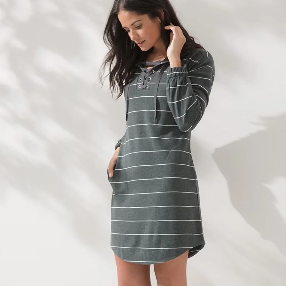 Soma‎ Wknd Grey White Stripes Soft Lace Up Dress Long Sleeve Womens Size Small